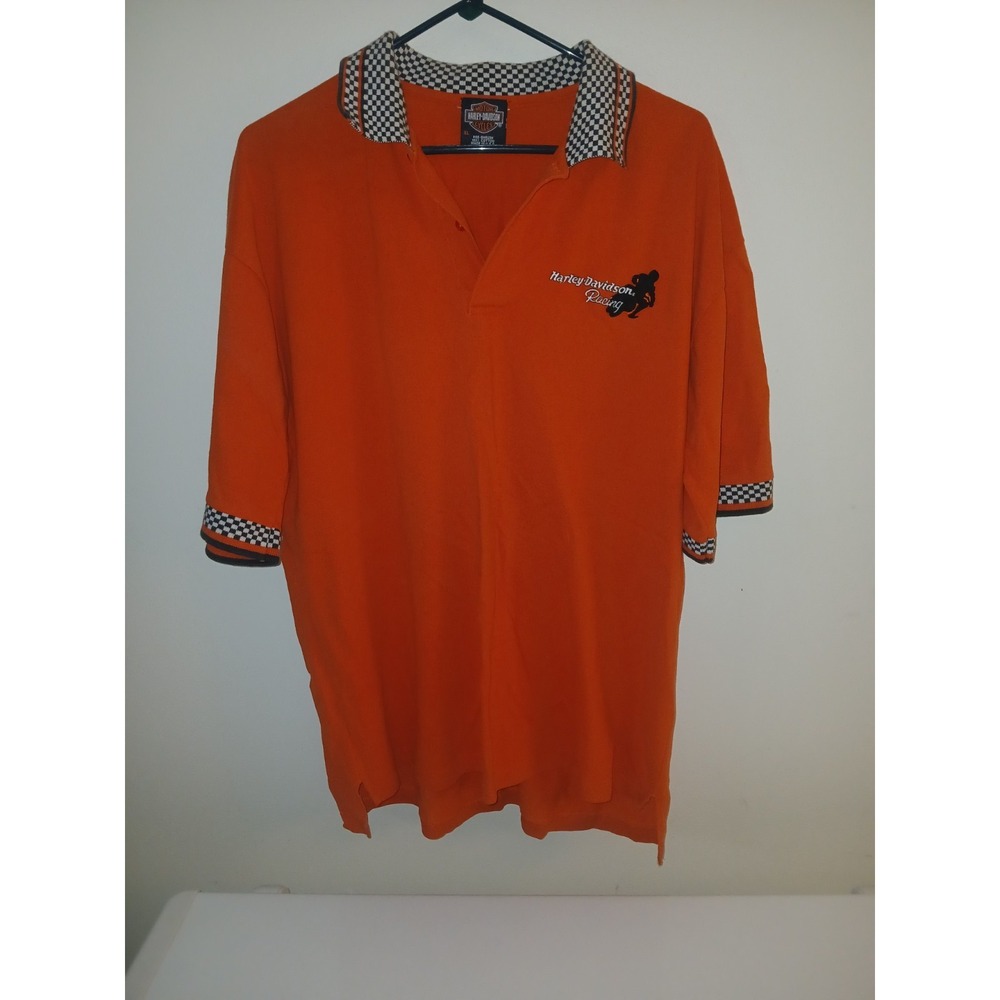 Harley Davidson Racing Polo Shirt Men's XL Orange Black Checkered Motorcycle Bik